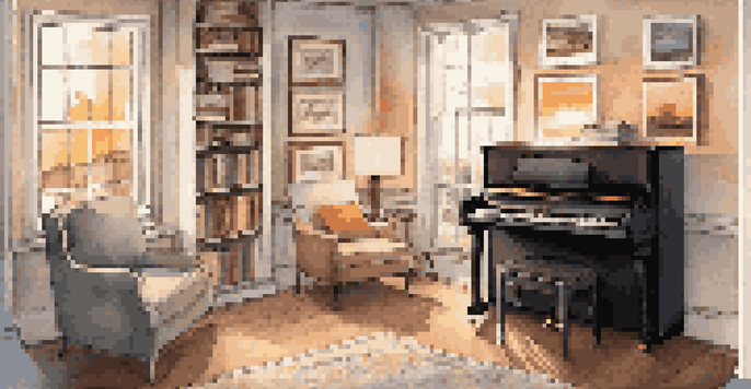 A cozy home music studio with a grand piano, sheet music, a guitar, and warm lighting, creating a serene atmosphere.