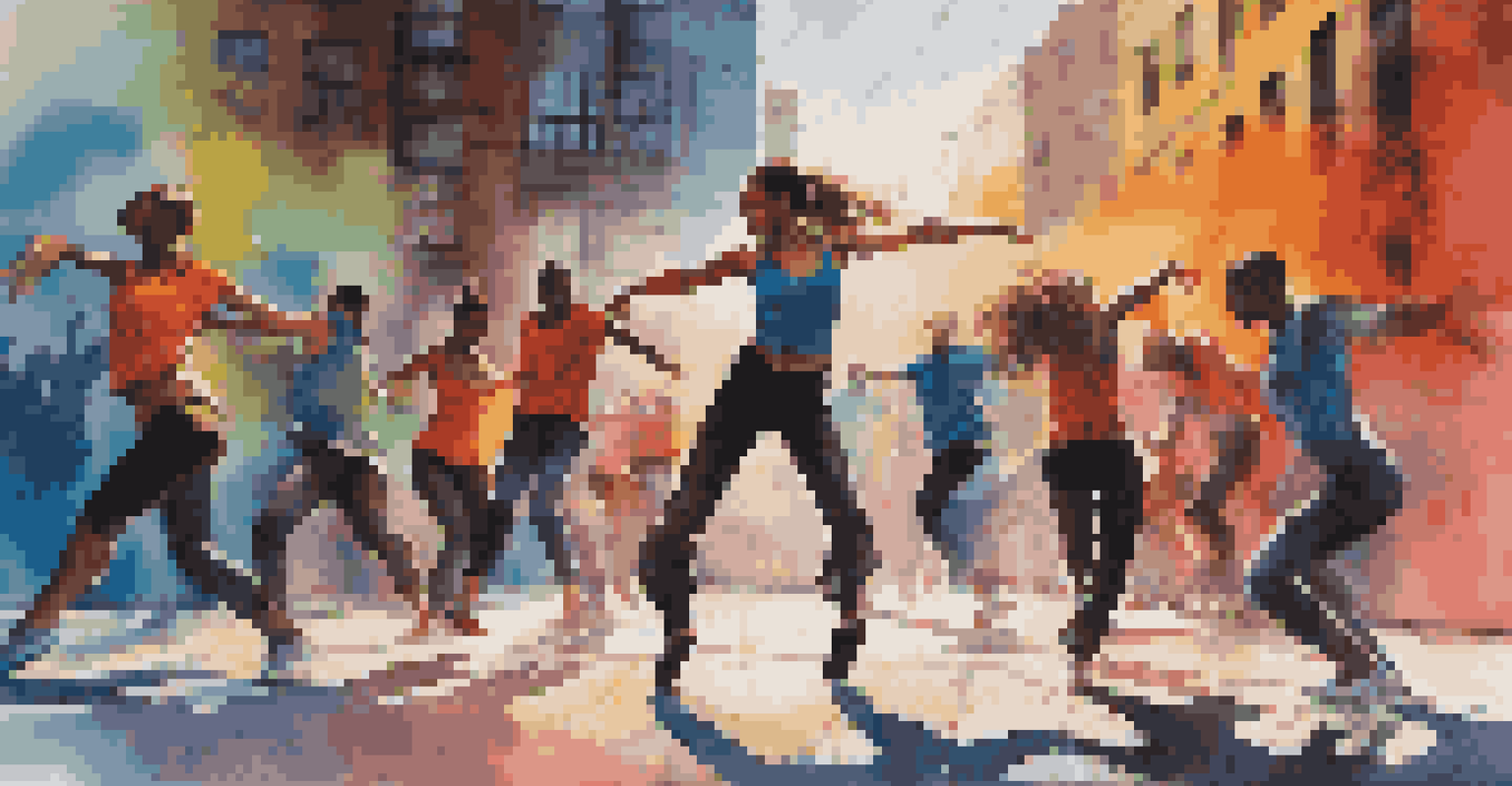 Dancers performing contemporary dance in an urban environment, featuring vibrant graffiti and dynamic poses under dramatic lighting.
