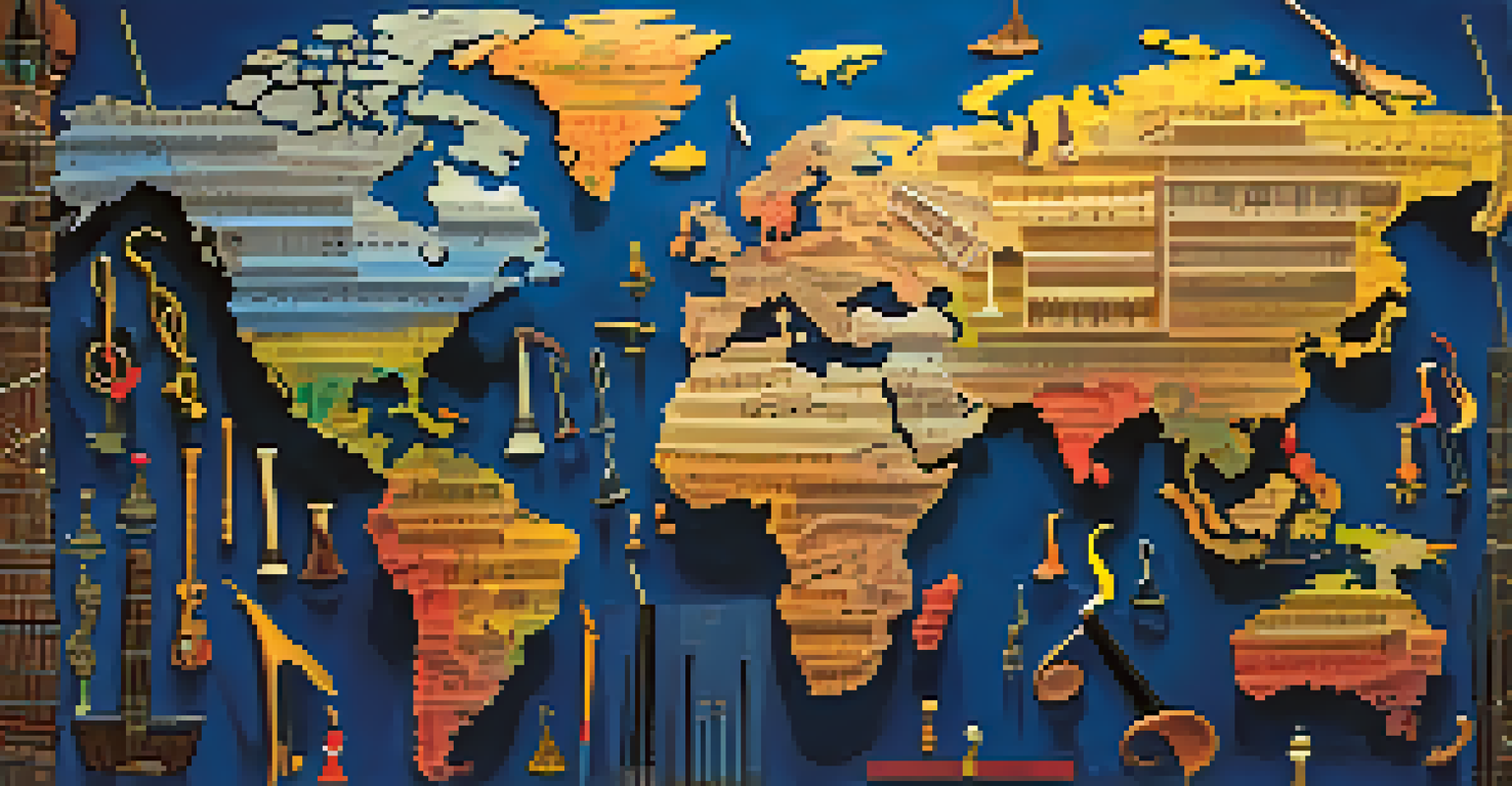 A world map made of musical notes and instruments, symbolizing cultural exchange through music with vibrant colors and textures.