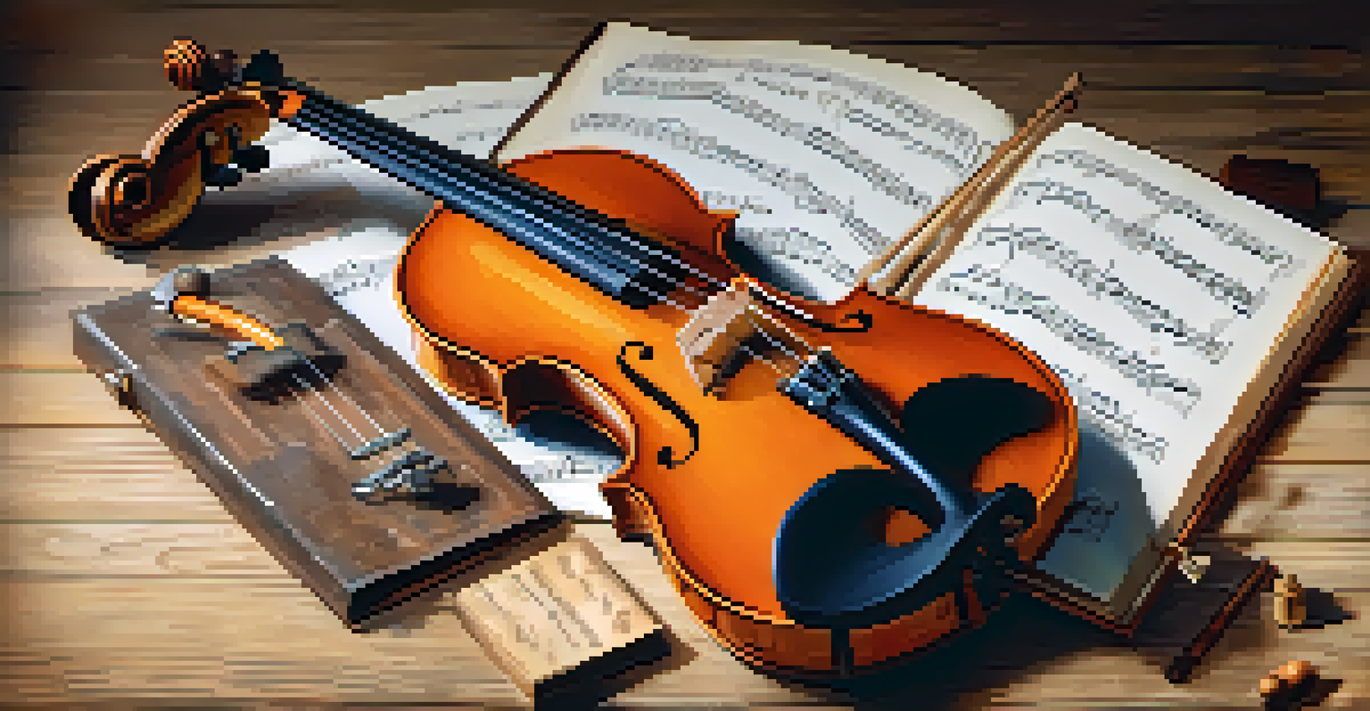 A flat lay image of different musical instruments surrounding an open sheet music book on a textured wooden surface.
