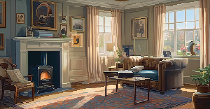 A cozy living room with a vintage gramophone, warm lighting, and framed family photos, creating a nostalgic atmosphere.