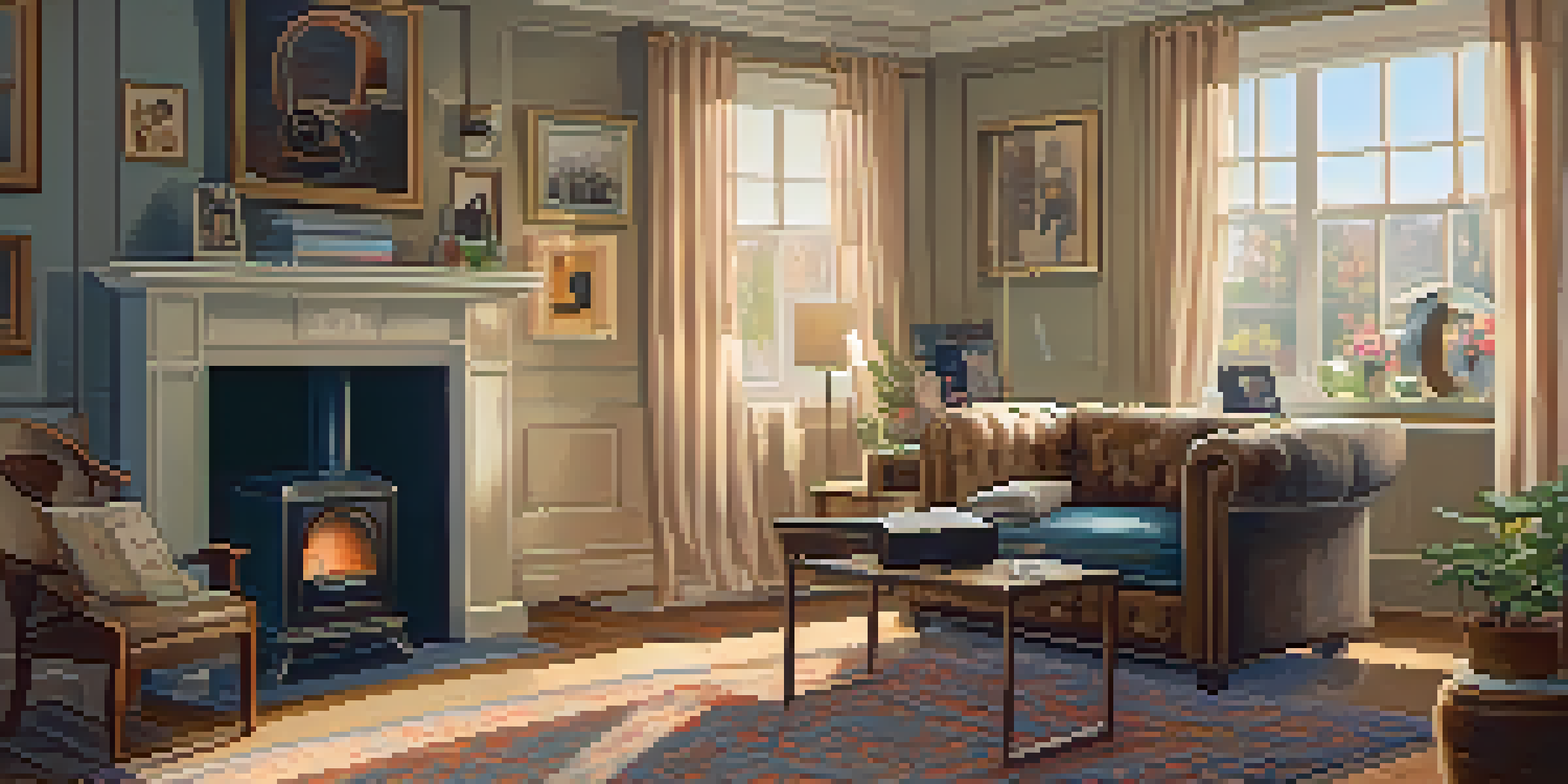 A cozy living room with a vintage gramophone, warm lighting, and framed family photos, creating a nostalgic atmosphere.