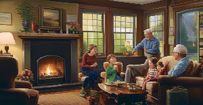 A family gathering with multiple generations singing together around a fireplace, creating a warm and inviting atmosphere.