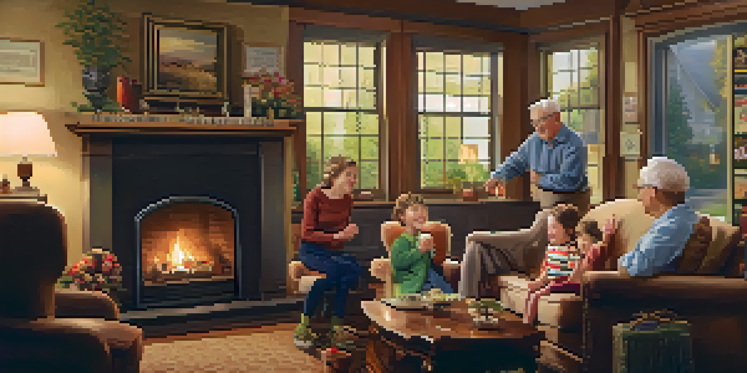 A family gathering with multiple generations singing together around a fireplace, creating a warm and inviting atmosphere.