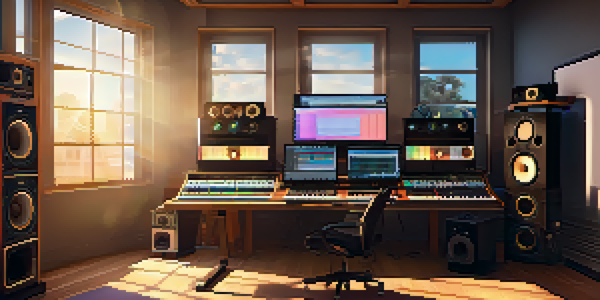 A sound designer working in a warmly lit studio, surrounded by audio equipment and colorful sound waves on a screen.