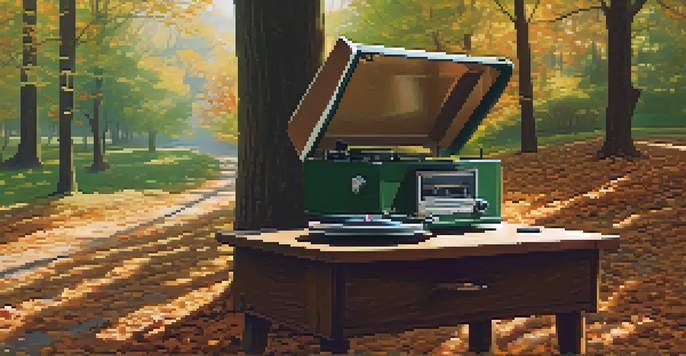 A winding forest path with a vintage record player on a bench surrounded by autumn leaves.