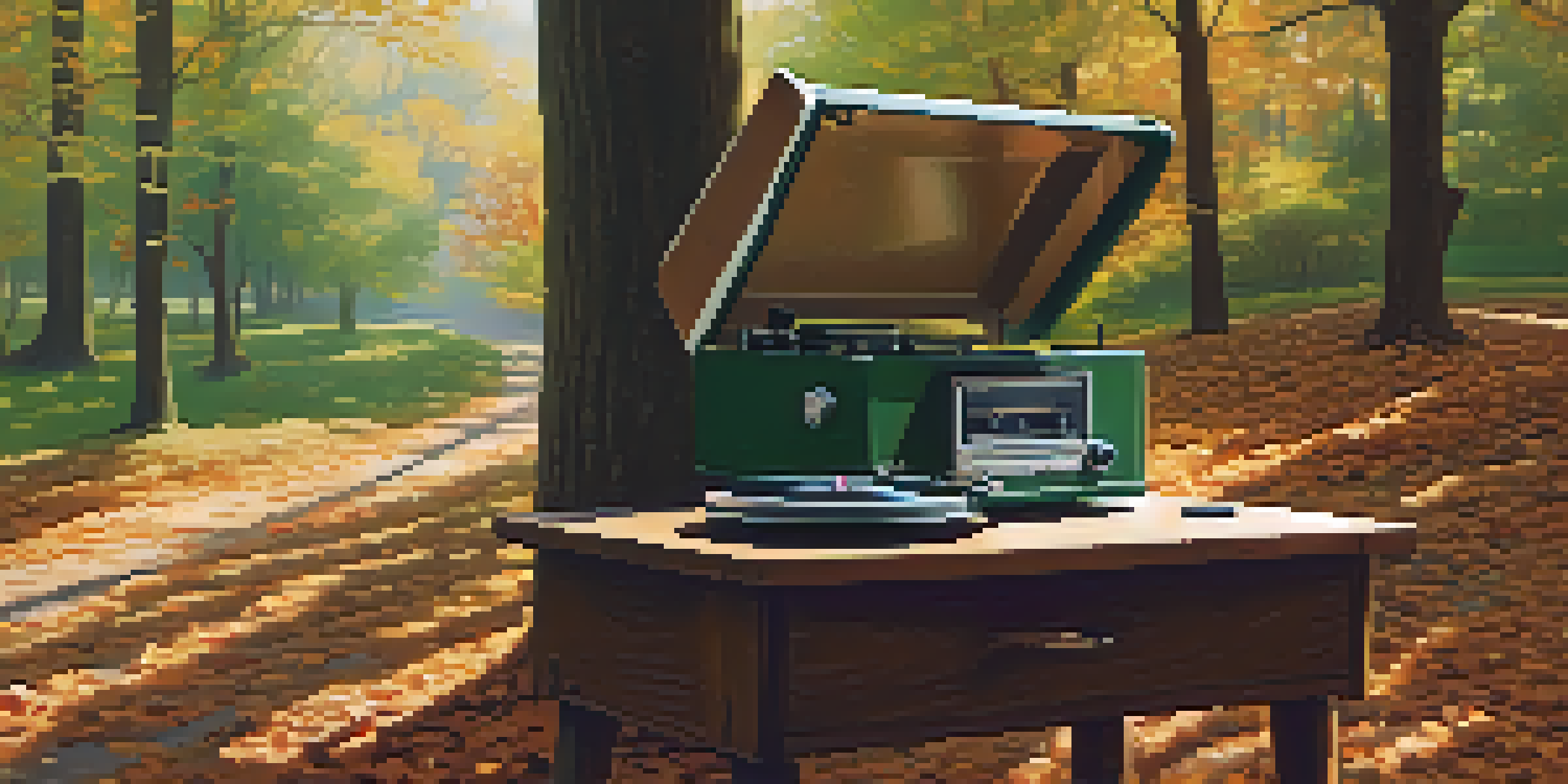A winding forest path with a vintage record player on a bench surrounded by autumn leaves.