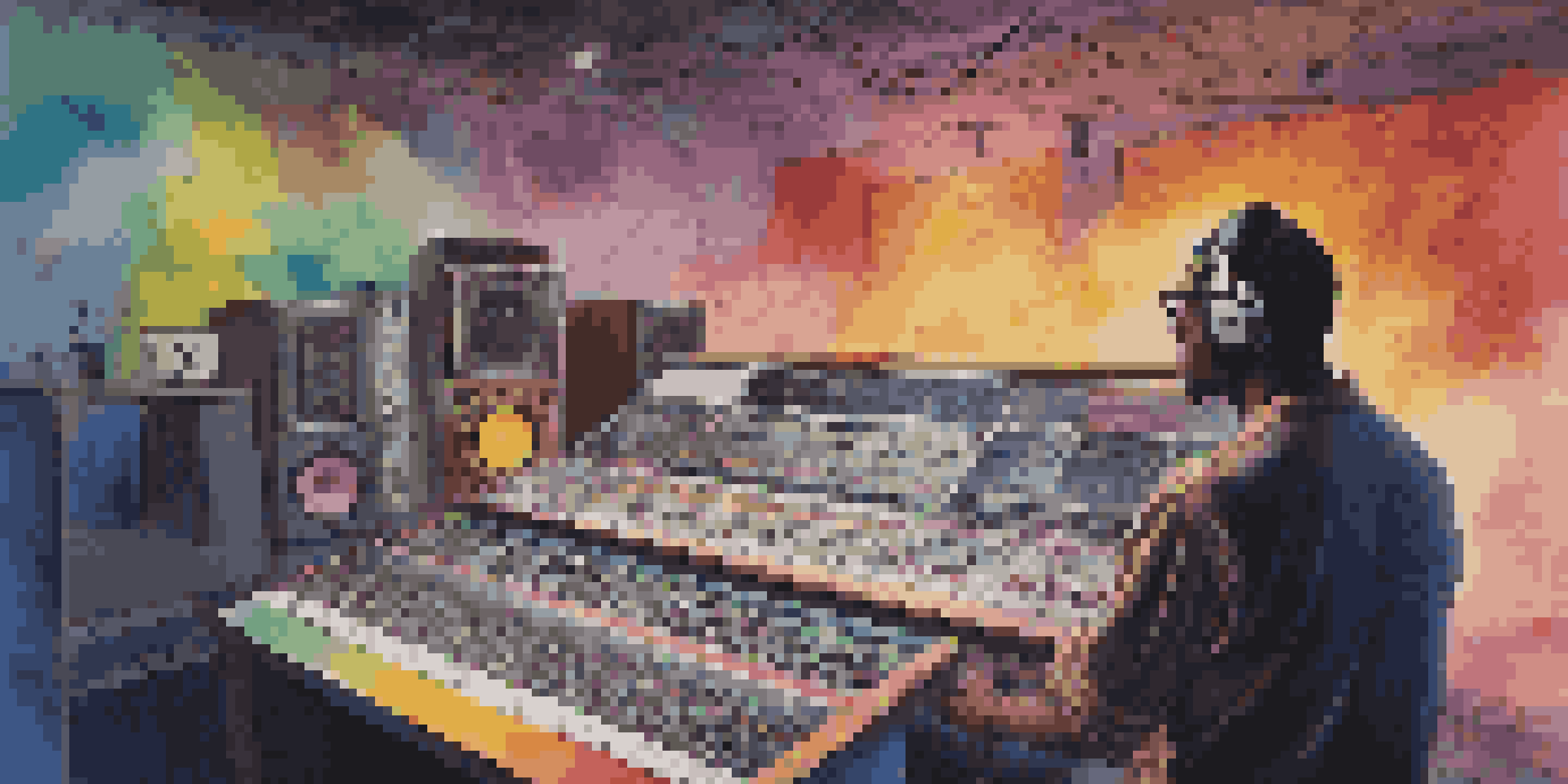 A music producer at a mixing console in a warmly lit studio, with sound waves visually represented around them.