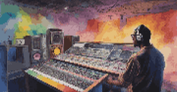 A music producer at a mixing console in a warmly lit studio, with sound waves visually represented around them.