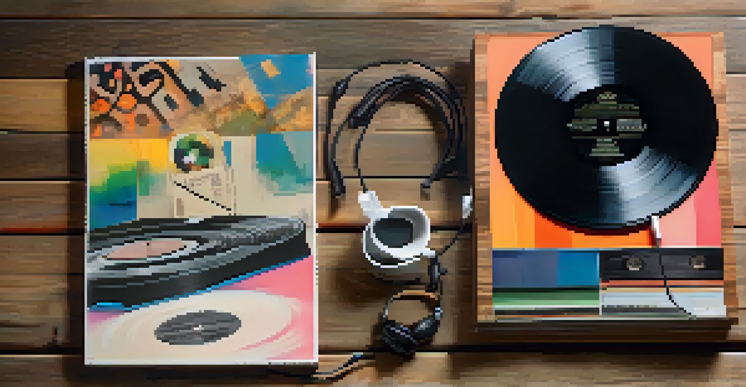 A flat lay of vinyl records with unique album covers on a rustic wooden surface, accompanied by headphones and a cup of coffee.