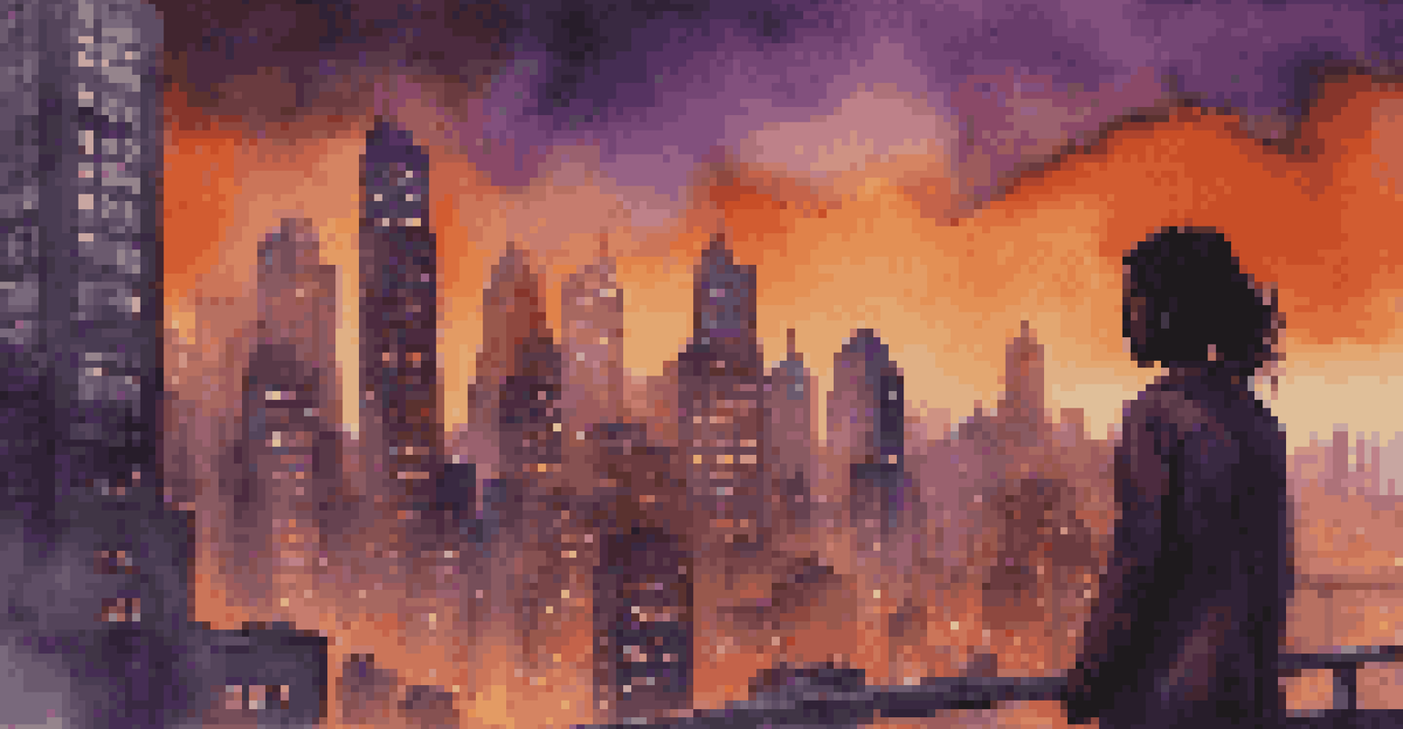 A cityscape at dusk with a woman in the foreground listening to music, creating a sense of anticipation.