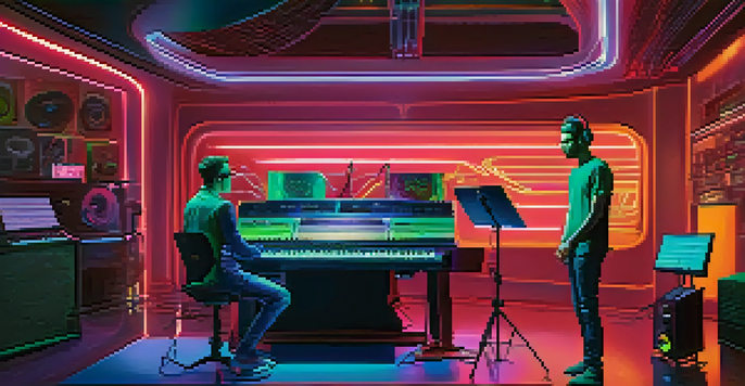 A musician in a high-tech music studio interacting with a holographic display of music rights and royalties.