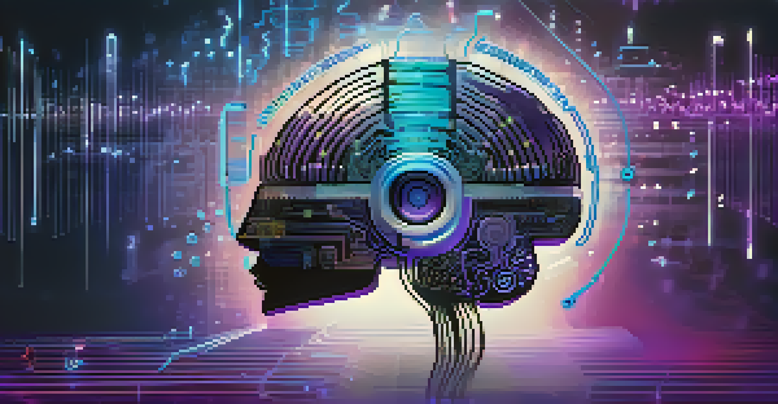 An abstract image of an AI brain surrounded by musical notes and waveforms on a blue and purple gradient background.