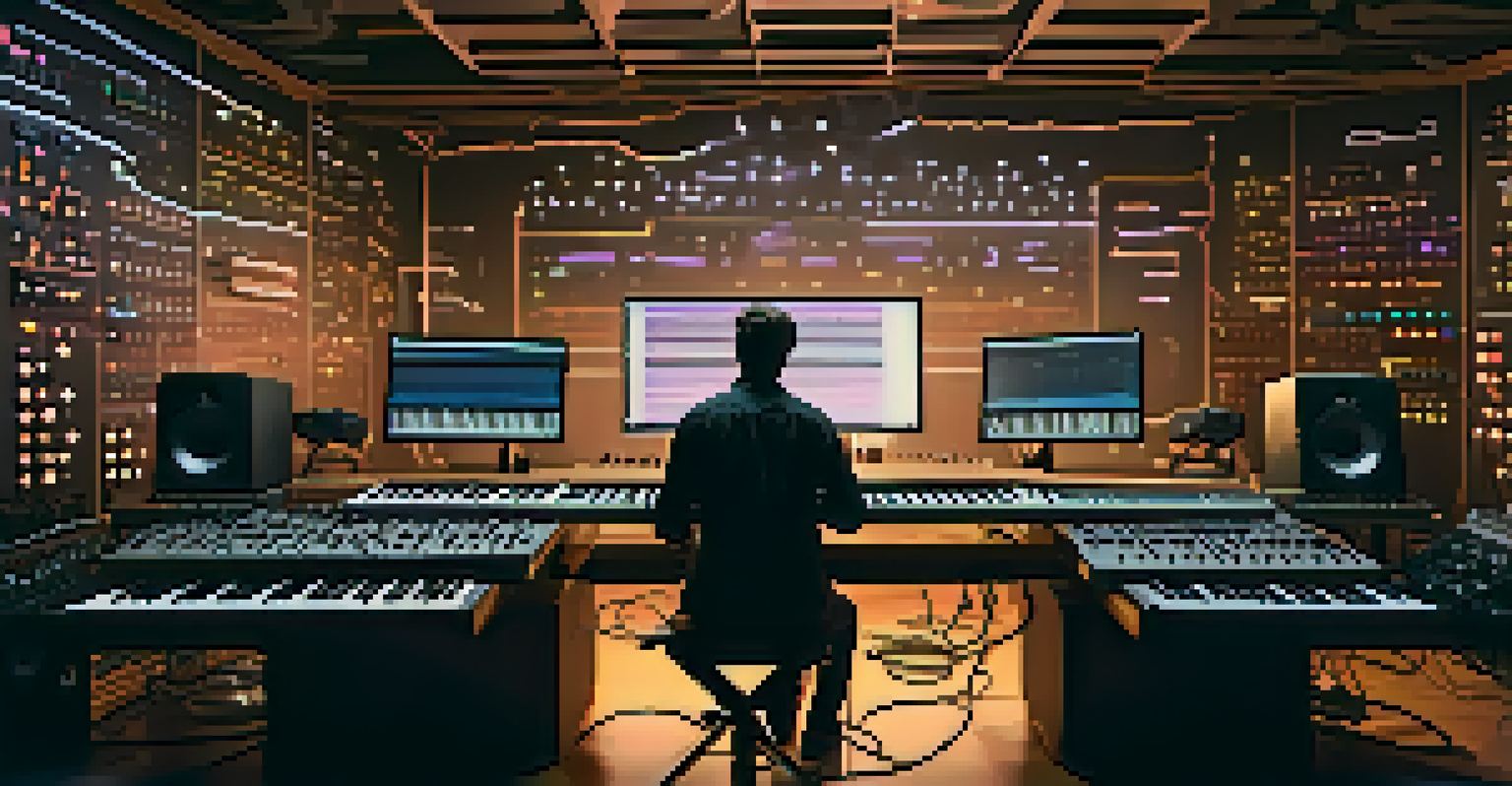 An artist in a modern music studio, using a MIDI controller surrounded by synthesizers and computer screens, with ambient lighting and musical decor.