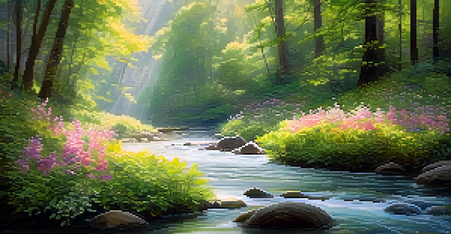 A dreamy landscape featuring a flowing stream in a lush forest with bright sunlight and whimsical flowers.