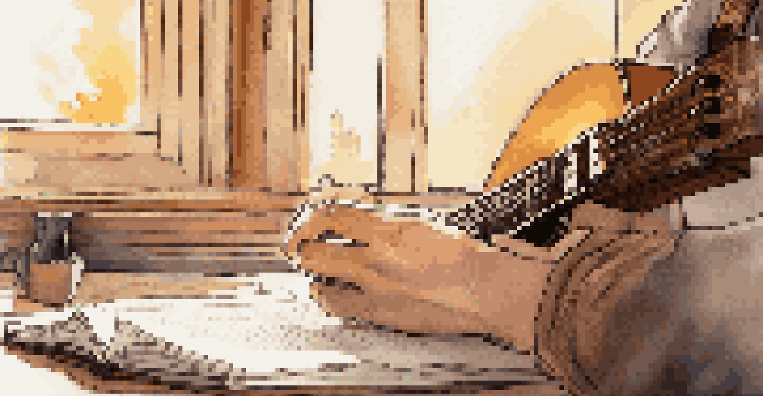 A close-up of hands playing an acoustic guitar with a notebook of lyrics in soft golden light.