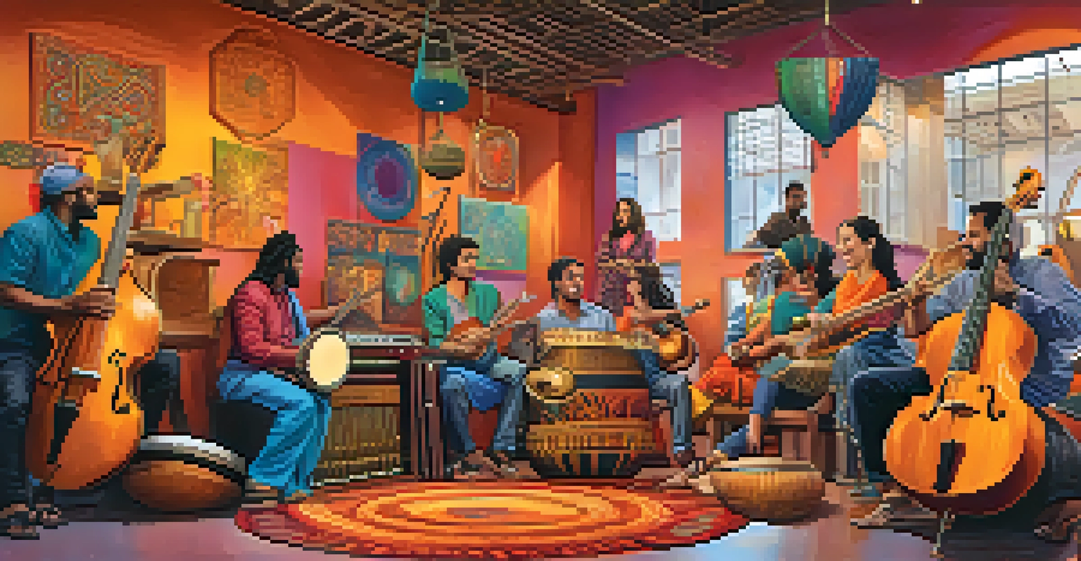 A diverse group of musicians collaborating with traditional and electronic instruments in a colorful workspace.