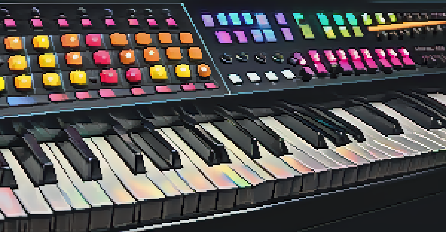 Close-up of a synthesizer keyboard with illuminated keys and a hand above it, against a dark background.