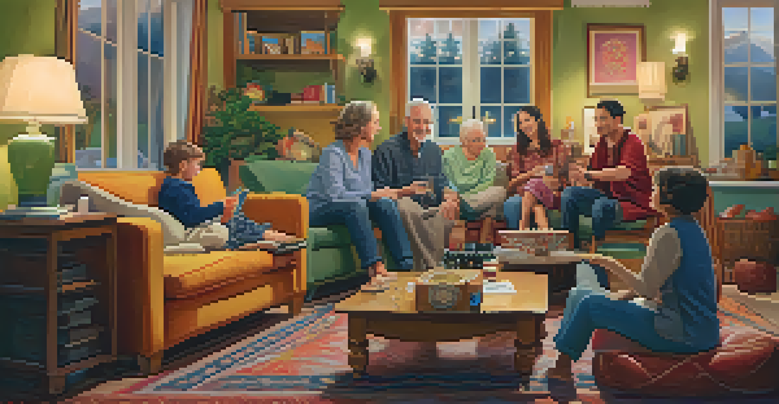 A family celebrating with music and dance in a warmly lit living room, showcasing joyful interactions.