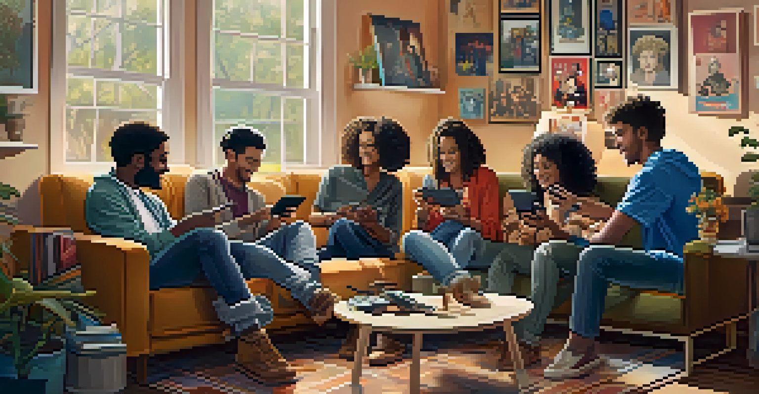 A group of diverse fans in a living room, excitedly interacting with a music app on their phones, surrounded by music-themed decorations.