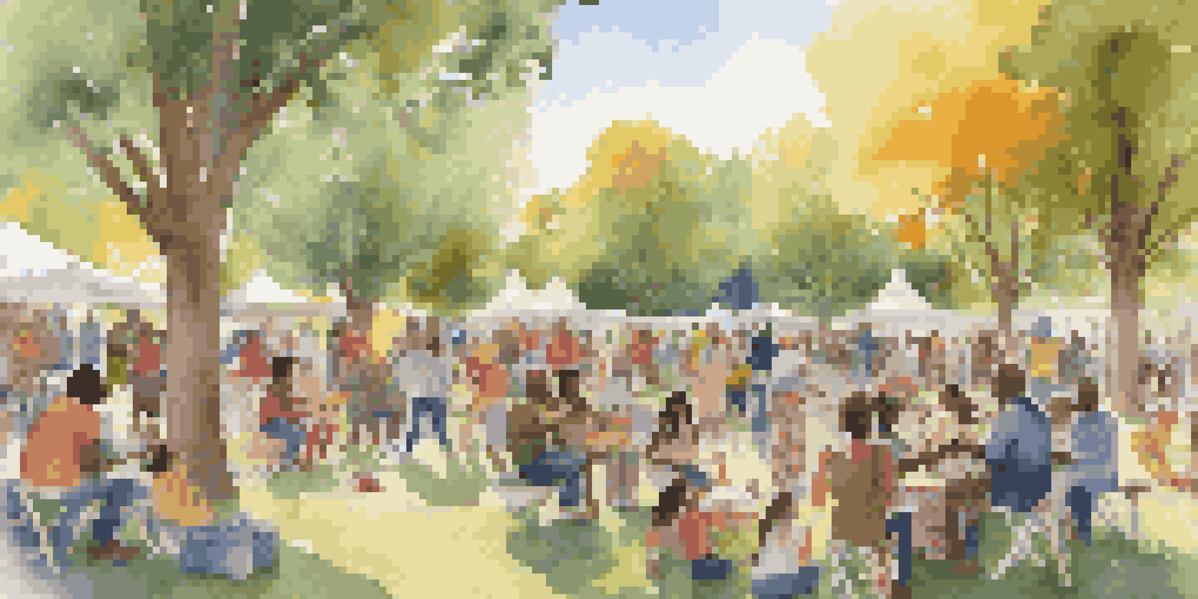 A diverse group of people enjoying a community music gathering in a park, playing instruments and sharing joyful moments under the trees.