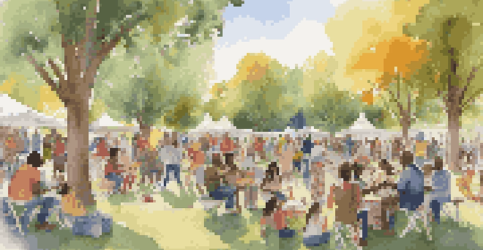 A diverse group of people enjoying a community music gathering in a park, playing instruments and sharing joyful moments under the trees.