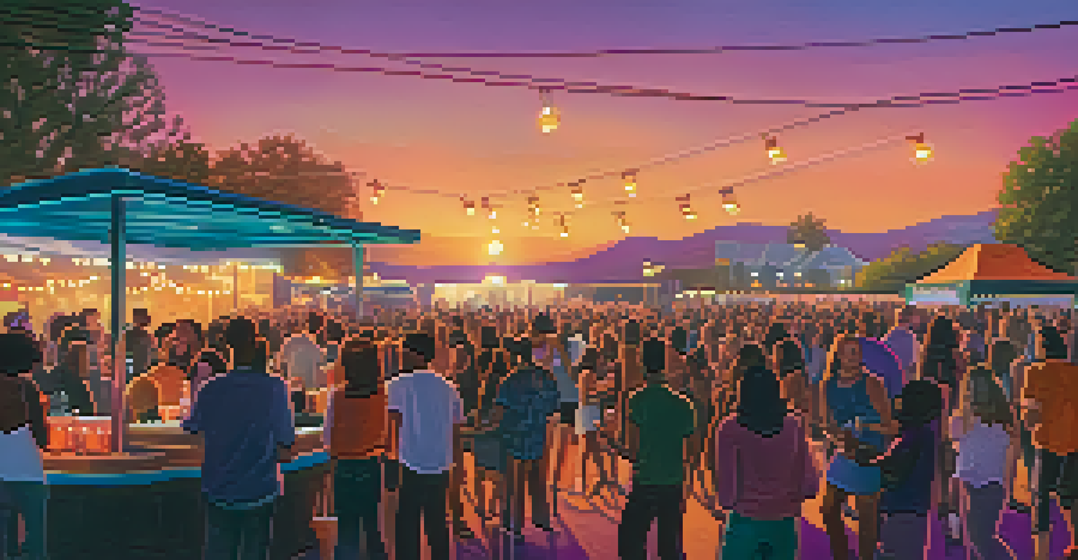 An outdoor concert at sunset with a crowd enjoying live music and a colorful sky.