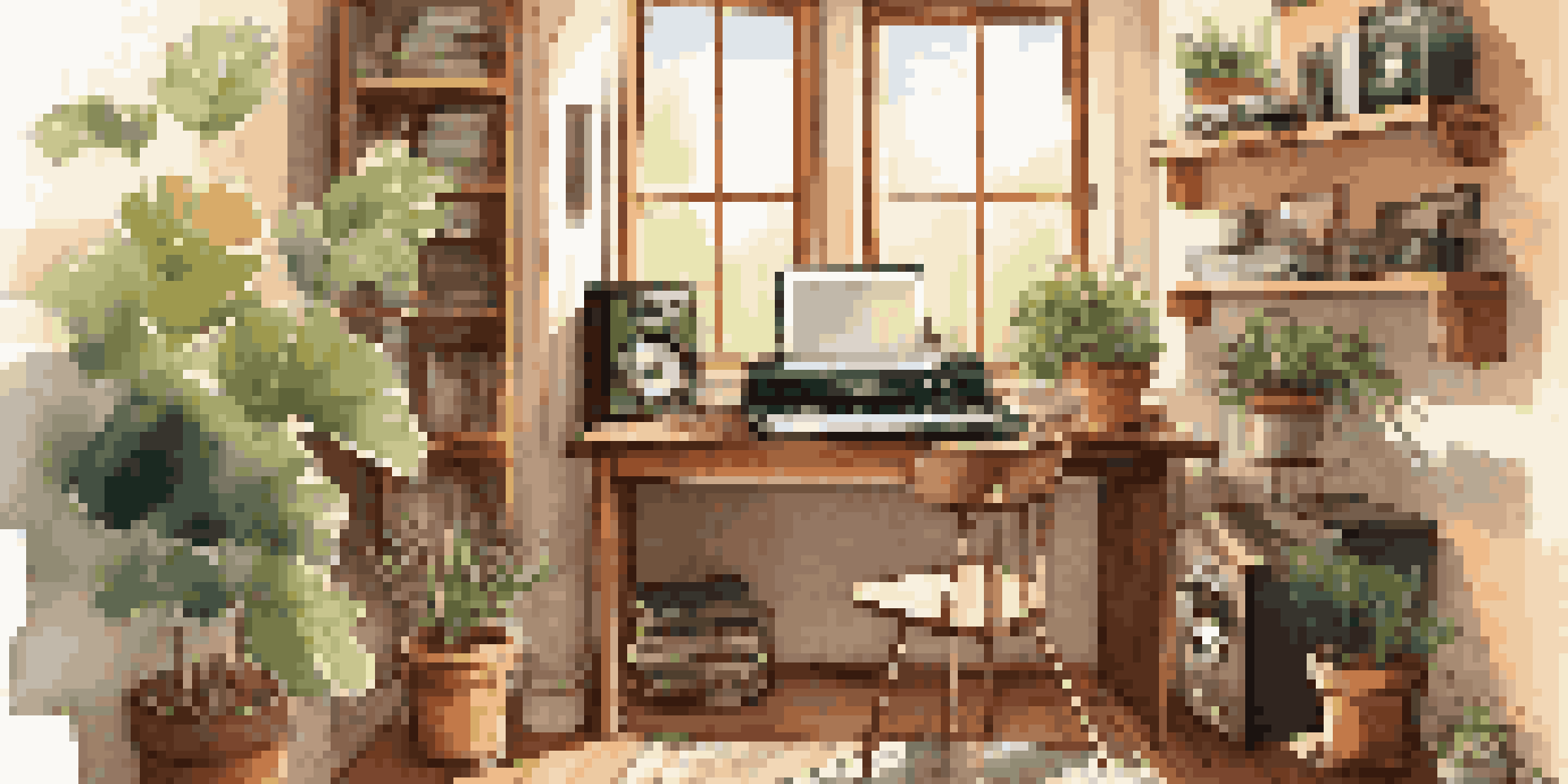 A warm and inviting home office with music items, including vinyl records and a guitar, illuminated by sunlight.