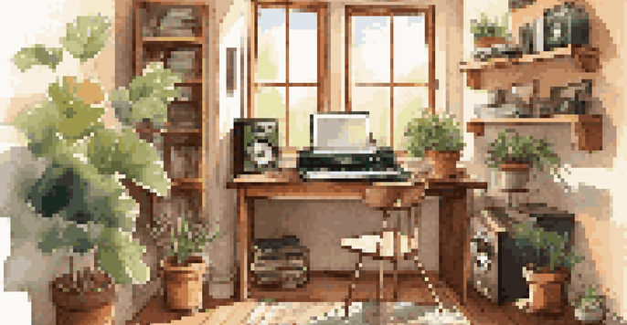 A warm and inviting home office with music items, including vinyl records and a guitar, illuminated by sunlight.
