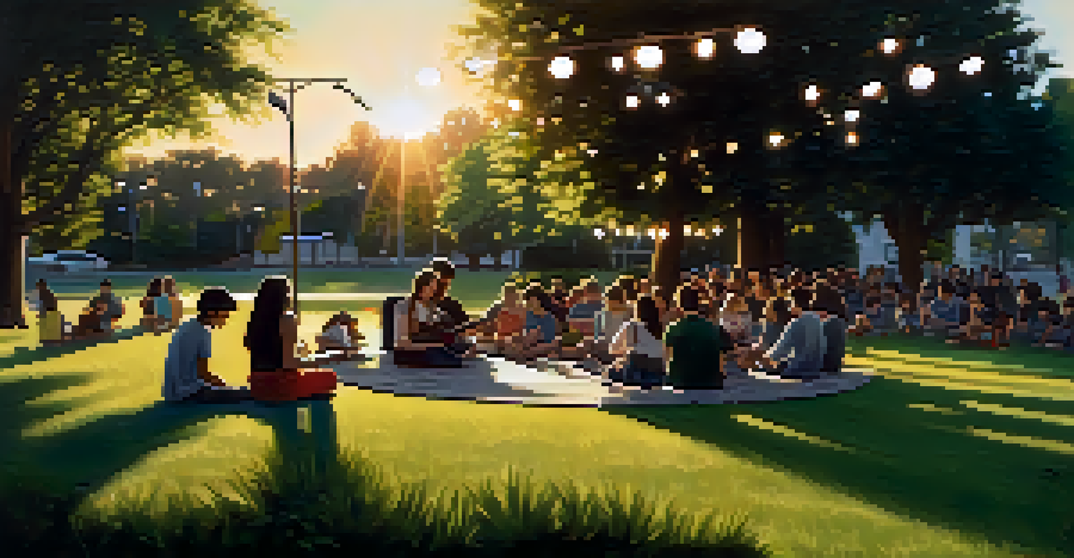 A young musician performing on stage in a park, with an audience of young adults and children enjoying the music under the warm glow of the setting sun.