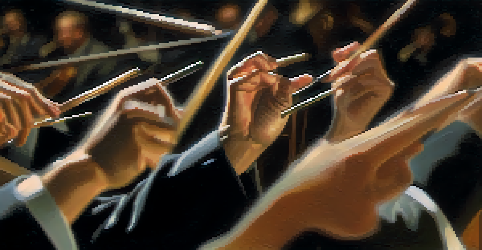 Close-up of a conductor's hands signaling dynamics during a performance, with musicians blurred in the background.