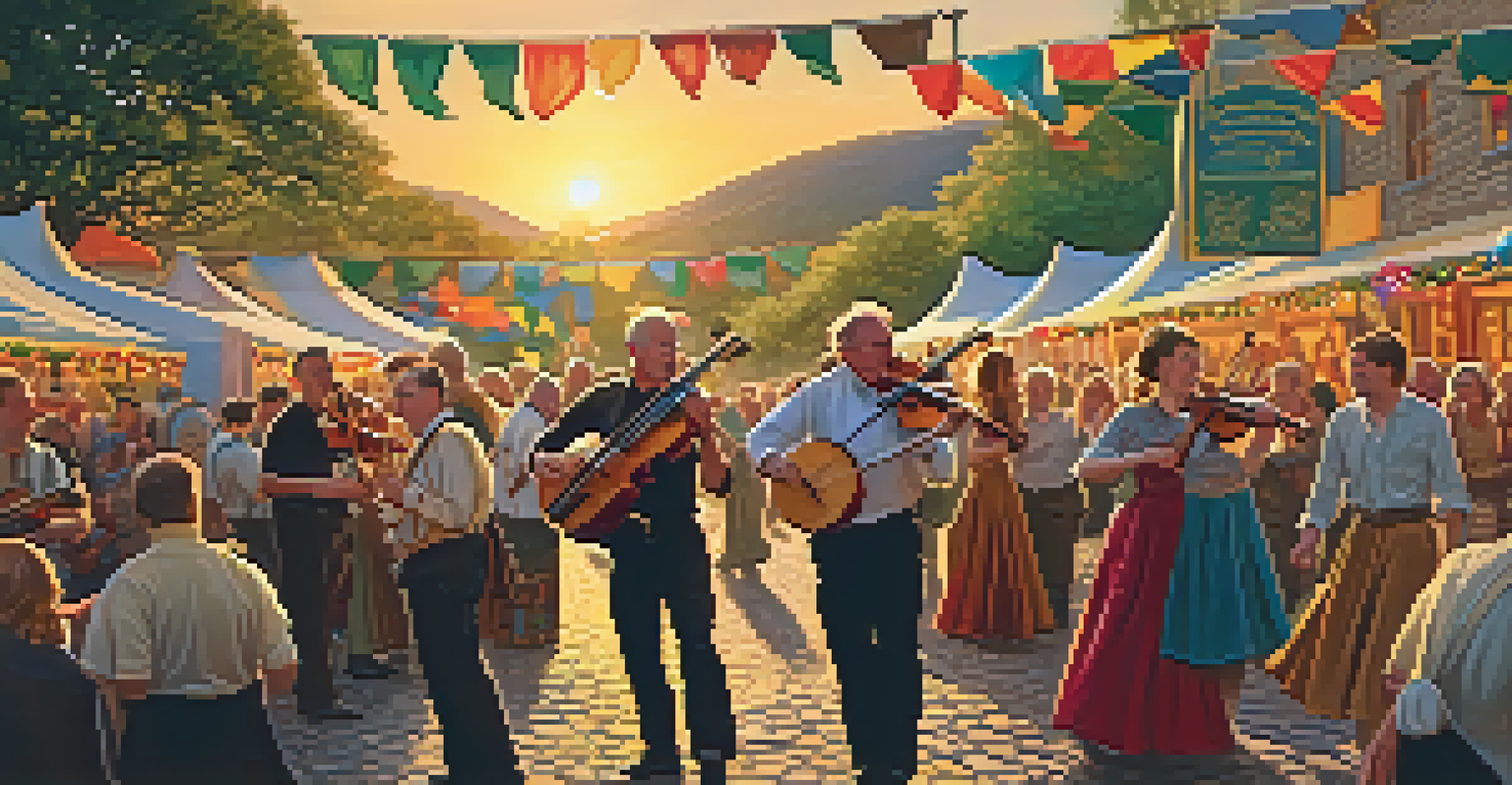 Musicians playing Celtic instruments at a festival with a dancing crowd and colorful decorations.