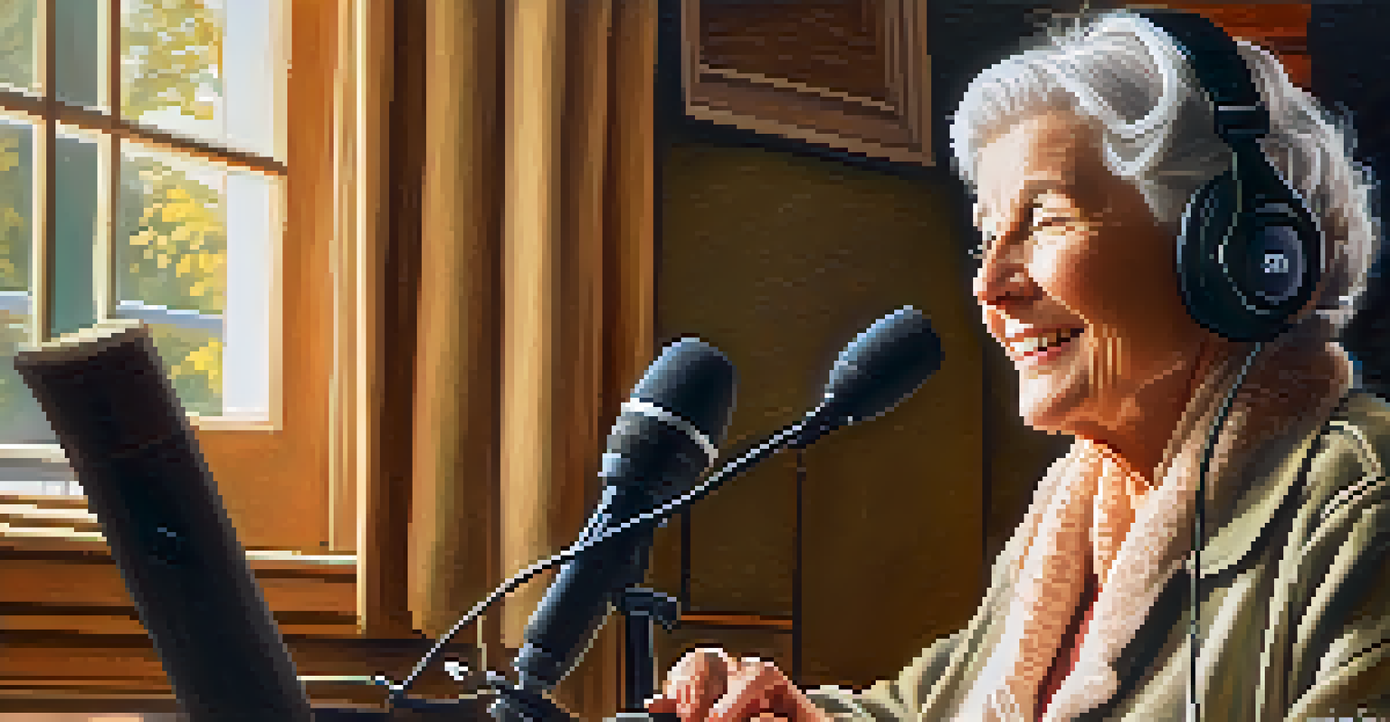 An elderly woman wearing headphones, smiling nostalgically while listening to music in a softly lit room.