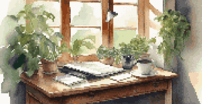 A peaceful study area with a wooden desk, laptop, plants, sunlight, and a cup of coffee, emphasizing a calm and focused environment.