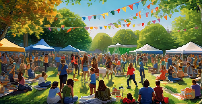 A lively community event in a park with a local band performing, diverse people dancing and planting trees, under bright sunlight.