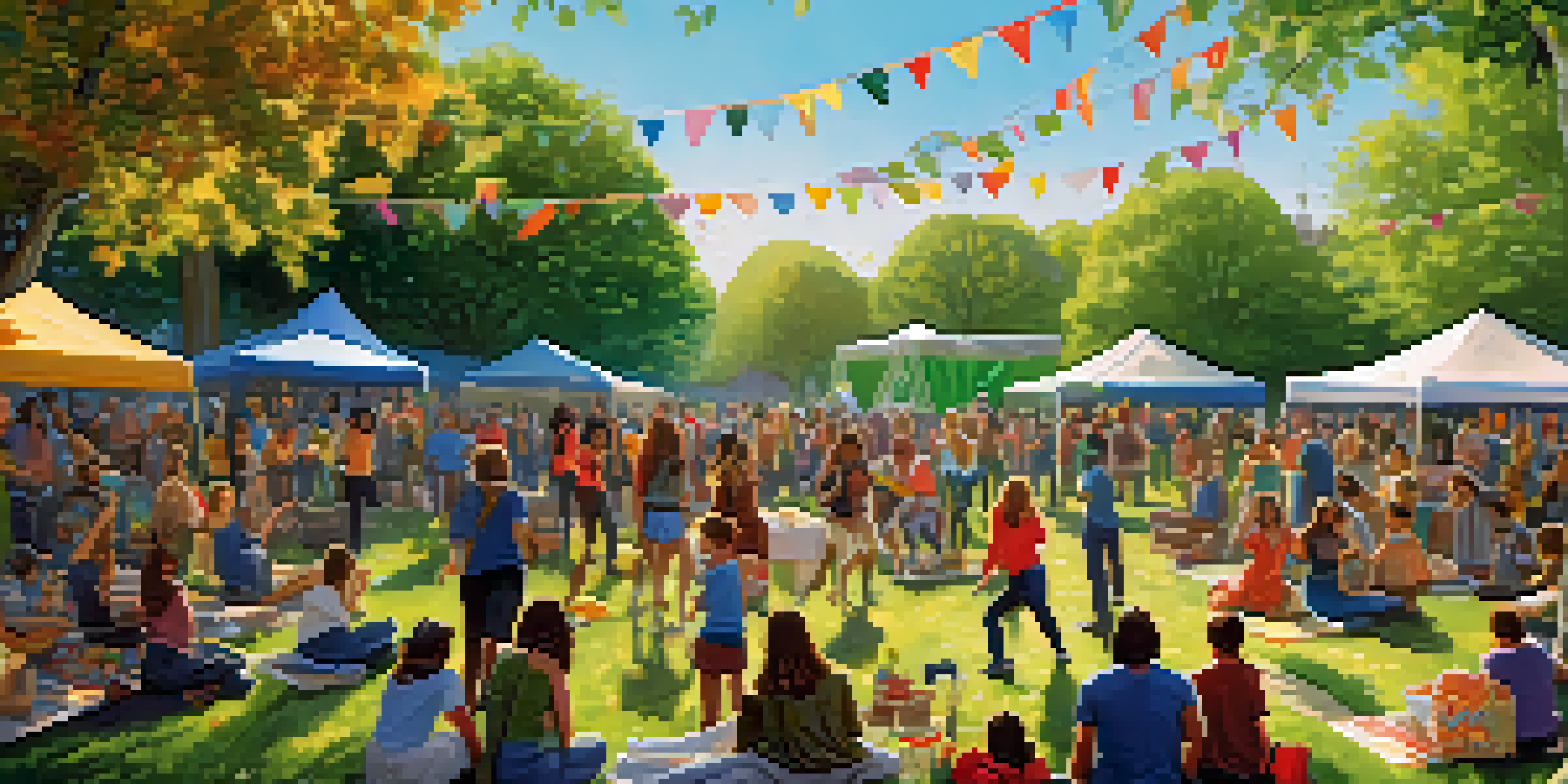 A lively community event in a park with a local band performing, diverse people dancing and planting trees, under bright sunlight.