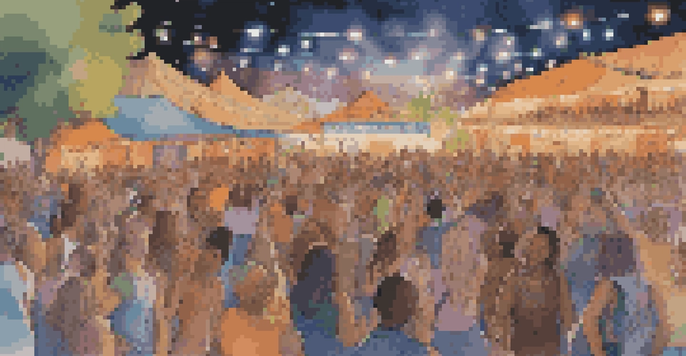 An outdoor music festival with diverse performances and a lively crowd celebrating genre blending.