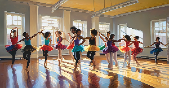 A lively dance studio with dancers of various ethnicities practicing together, surrounded by bright sunlight and a polished wooden floor.
