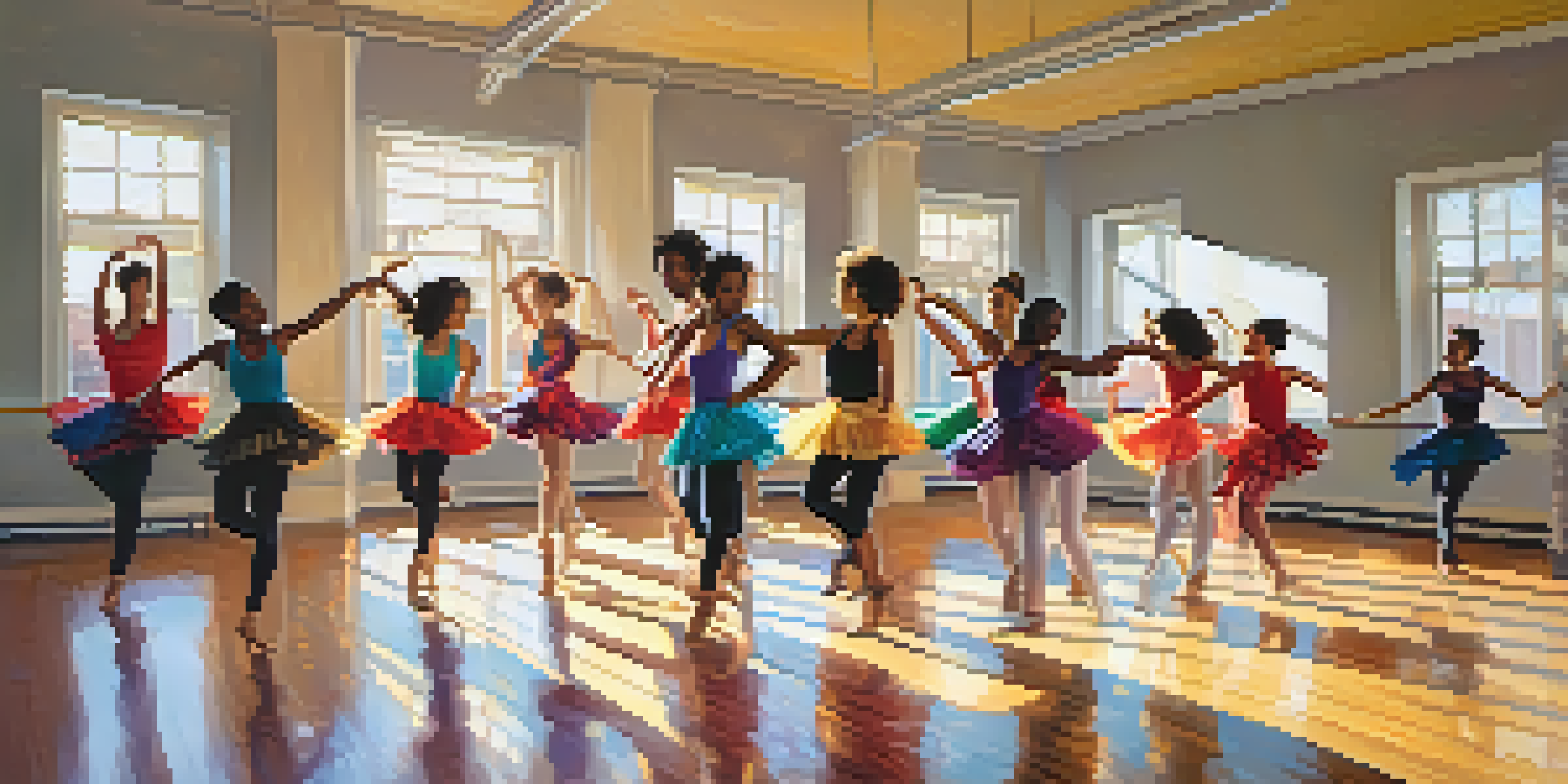A lively dance studio with dancers of various ethnicities practicing together, surrounded by bright sunlight and a polished wooden floor.