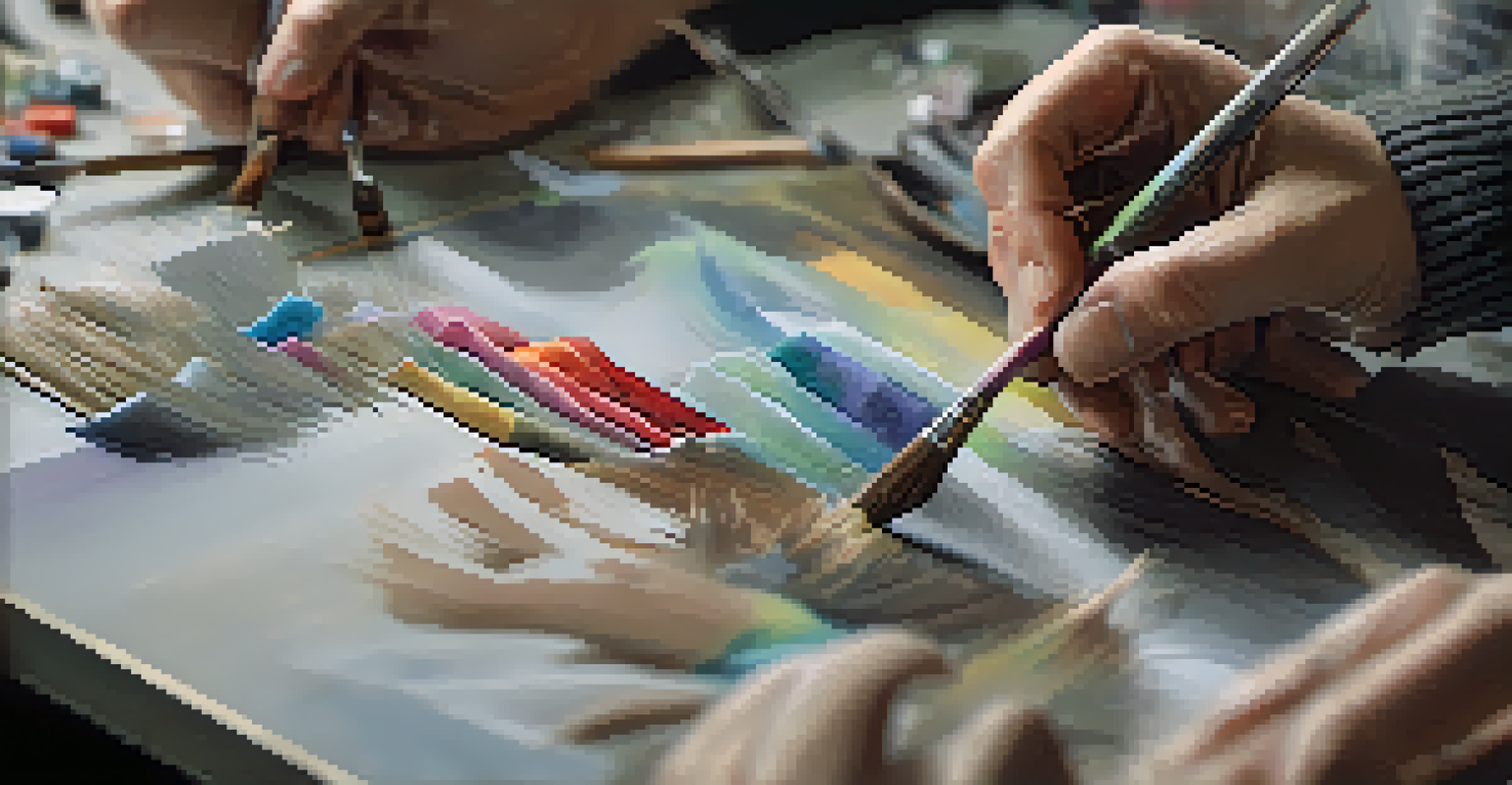 A close-up shot of two artists' hands collaborating on a mixed media art piece, highlighting their creative efforts.