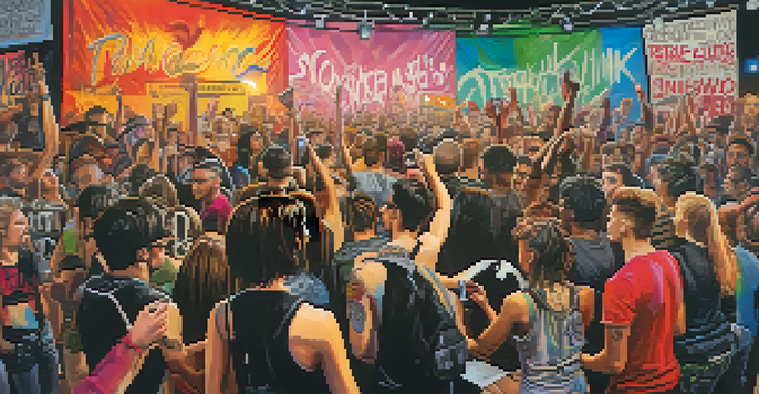 A lively punk rock concert with a diverse crowd and colorful stage decorations, highlighting the energy and passion of the fans.