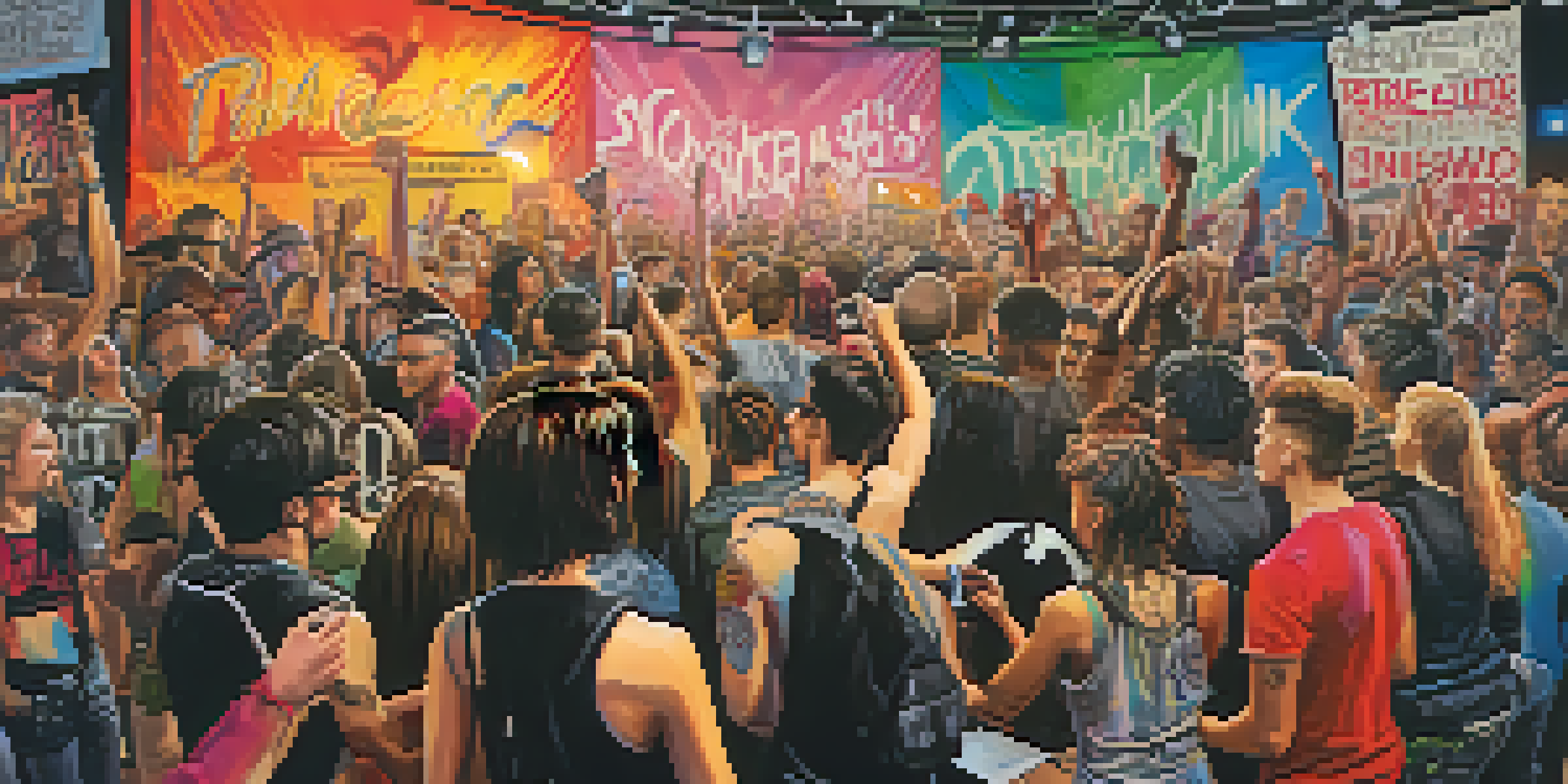 A lively punk rock concert with a diverse crowd and colorful stage decorations, highlighting the energy and passion of the fans.