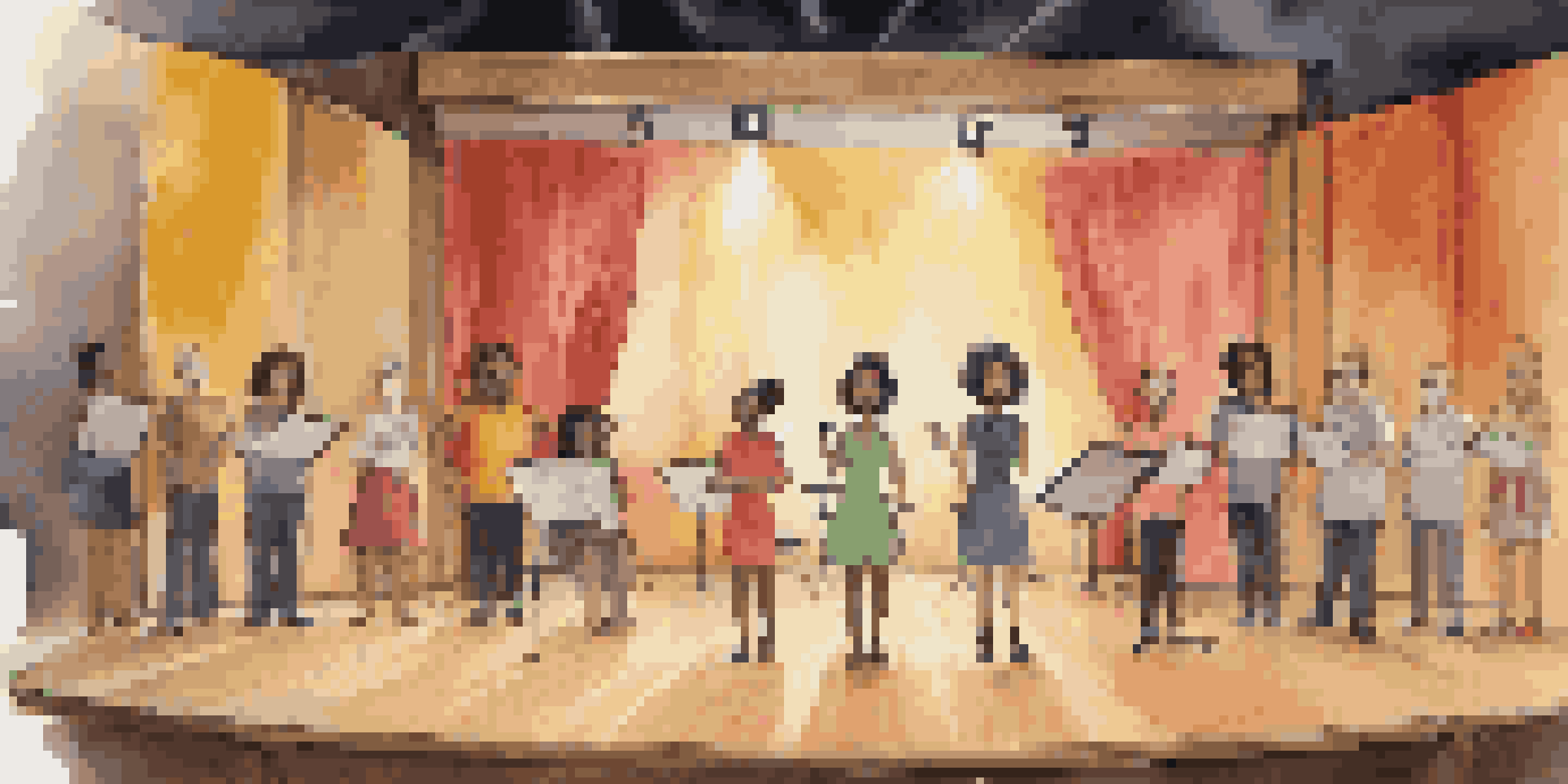 A diverse group of singers practicing vocal techniques on a theater stage, with soft lighting and colorful props.
