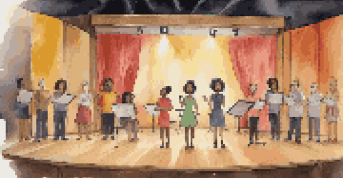 A diverse group of singers practicing vocal techniques on a theater stage, with soft lighting and colorful props.