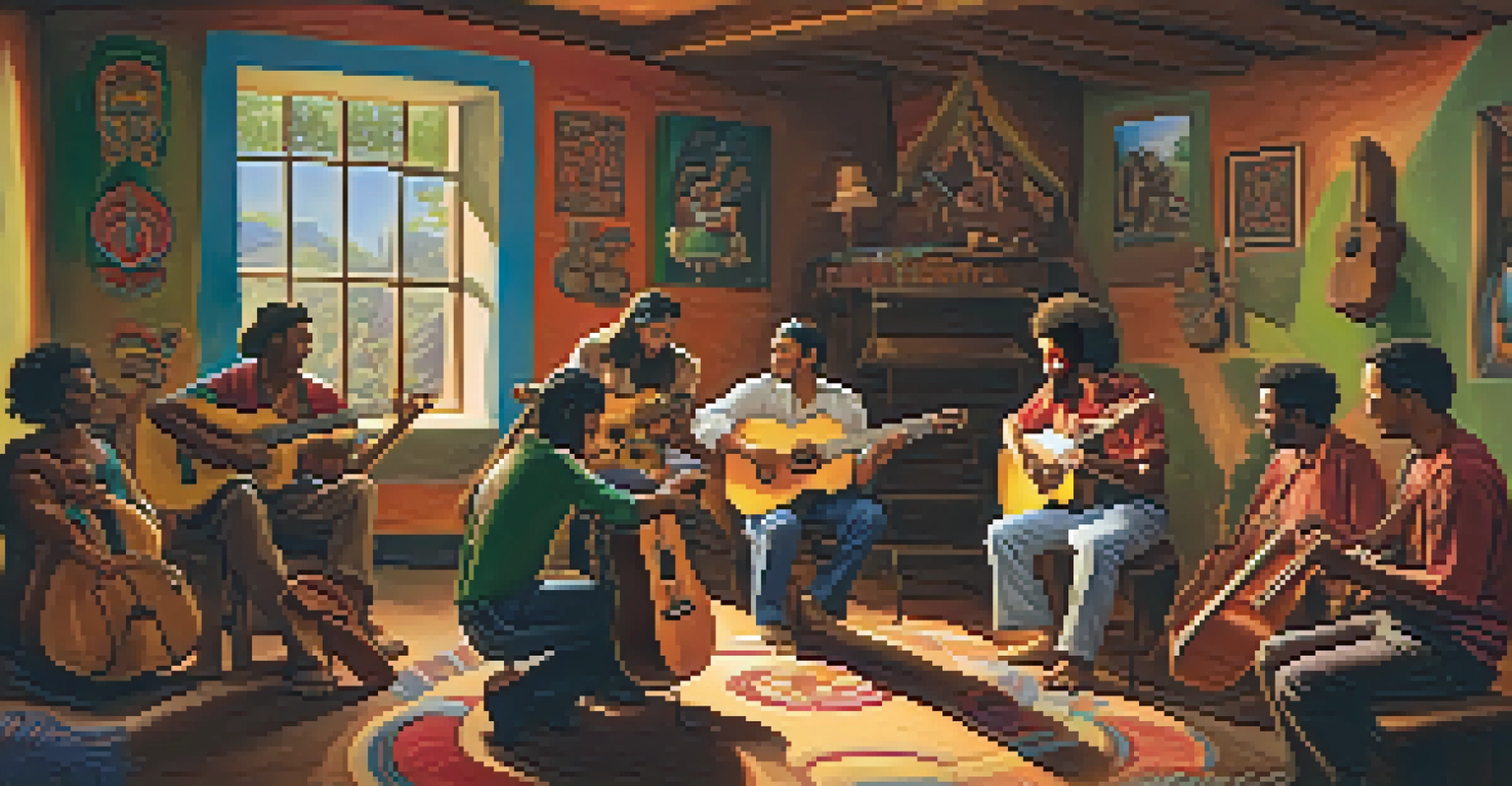 A group of musicians in a cozy room playing Latin American instruments, surrounded by colorful decorations and warm lighting, showcasing a sense of community.