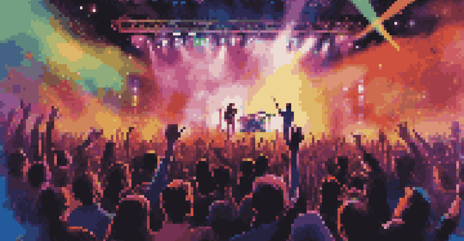 An artist performing on stage at a live concert with colorful lights and a crowd, with analytics data displayed on a large screen.