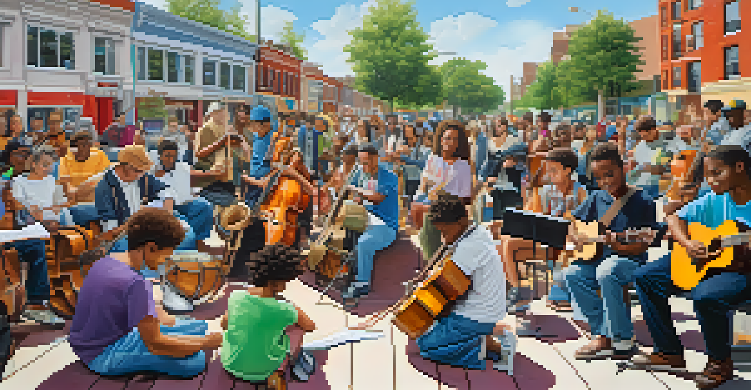 A diverse group of individuals engaged in a community music project, surrounded by a colorful mural that highlights environmental themes.