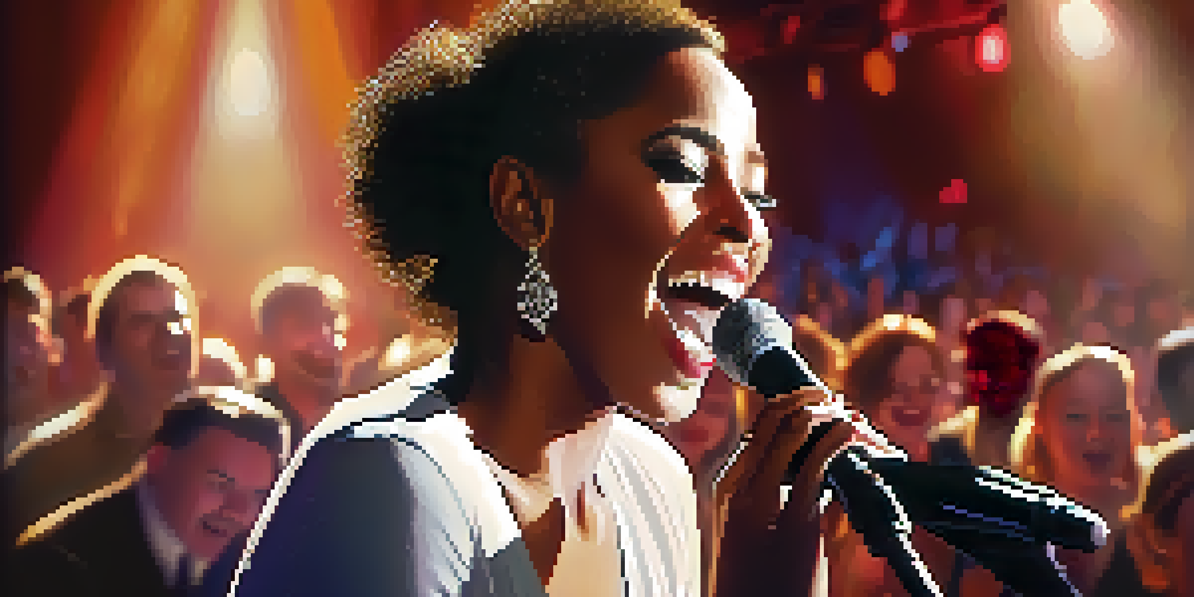 A singer smiling brightly on stage with warm lights and a captivated audience in the background.