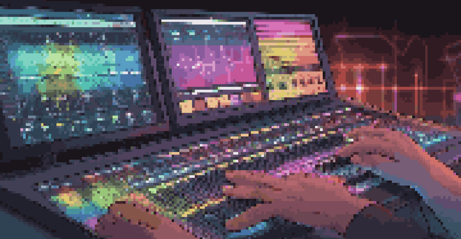 Close-up of hands selecting music tracks on a digital audio workstation with colorful waveforms and LED lights.