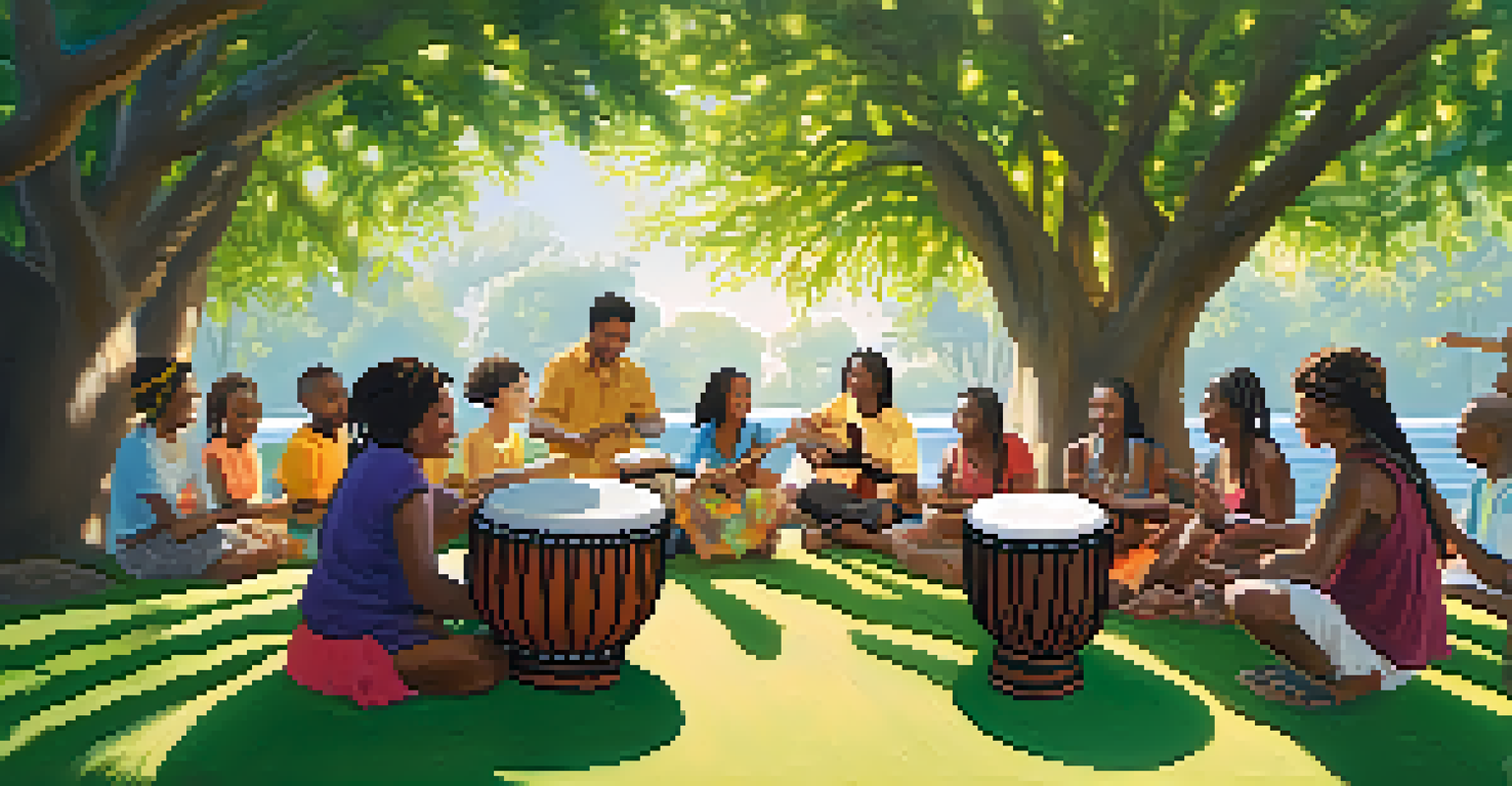 A vibrant outdoor drumming circle with diverse people joyfully playing djembe drums, surrounded by green trees and colorful fabrics in the sunlight.